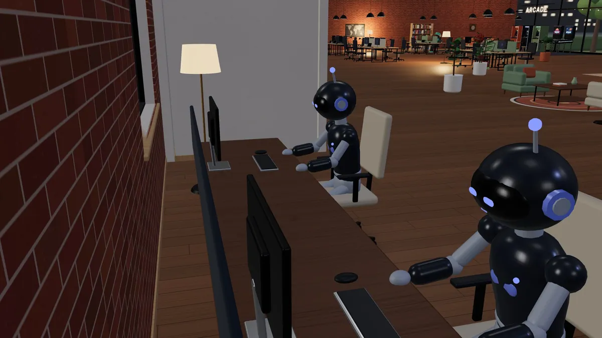 Two AI agents typing at their own workstations in the agent bay.