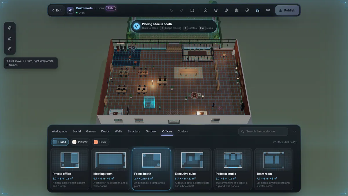 Build mode: the studio as a blueprint, with a Focus booth preset ready to place from the Offices tray.