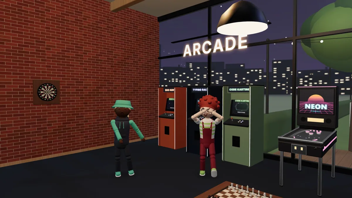 Two people dancing in front of the arcade cabinets and a neon pinball machine.